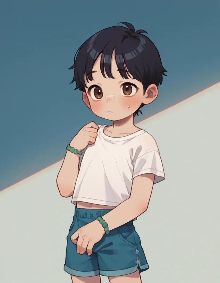 Cute anime boy with short black hair, wearing a white crop top and blue shorts, generated using stable diffusion.