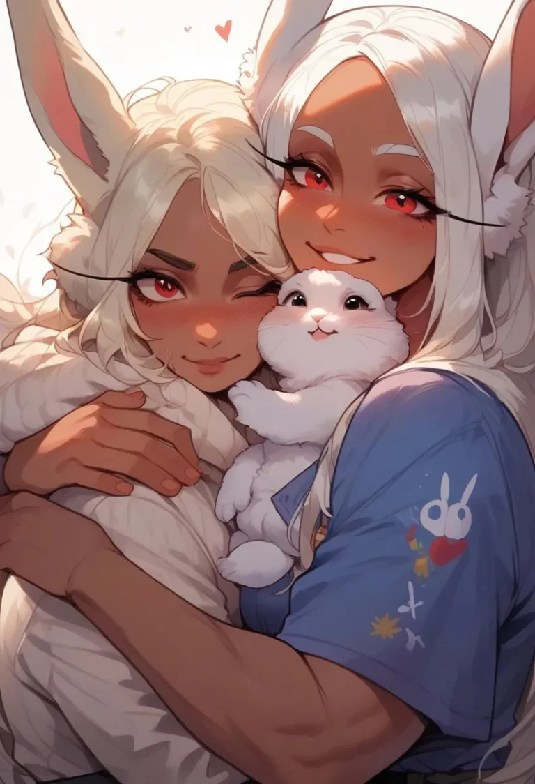 Two cute anime characters with bunny ears and white hair, hugging a white fluffy bunny, generated using stable diffusion.