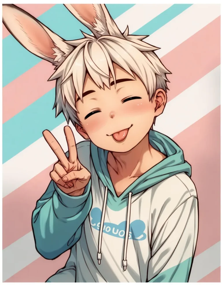 A cute anime character with white hair, bunny ears, wearing a hoodie, and showing a peace sign. AI generated image using Stable Diffusion.