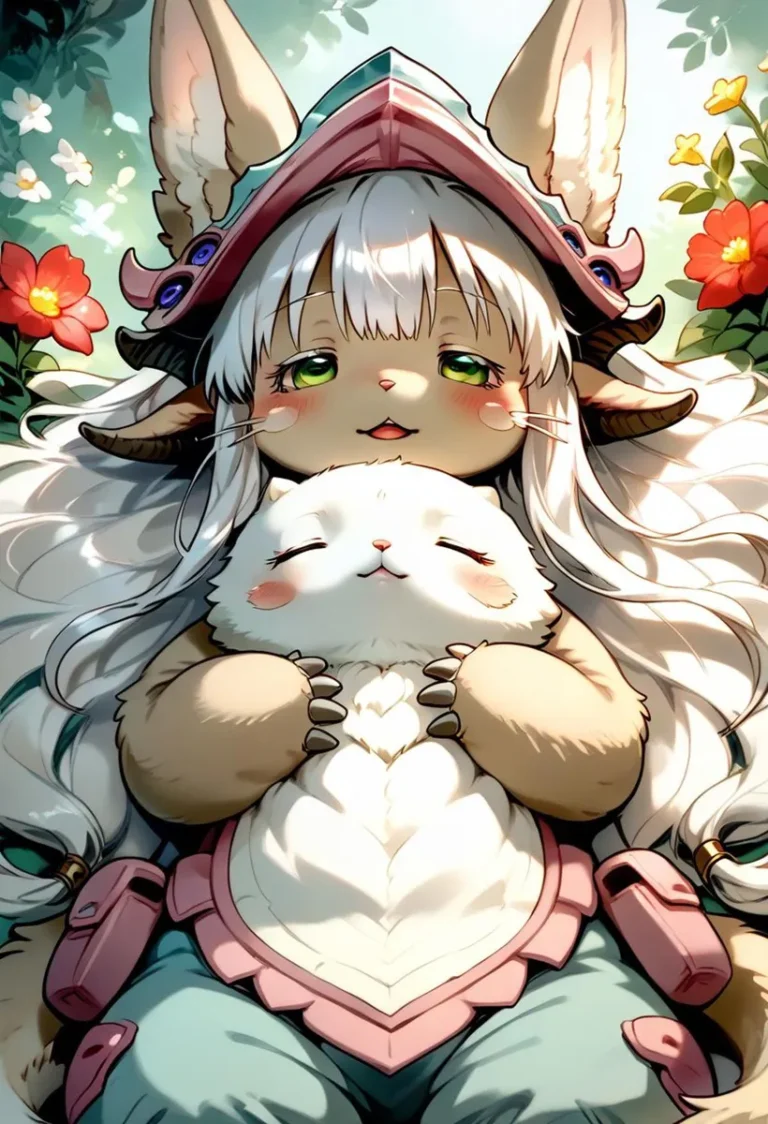 A cute anime character with green eyes, long white hair, and large ears, wearing a pink and blue helmet, hugging a fluffy white animal. AI generated image using Stable Diffusion.