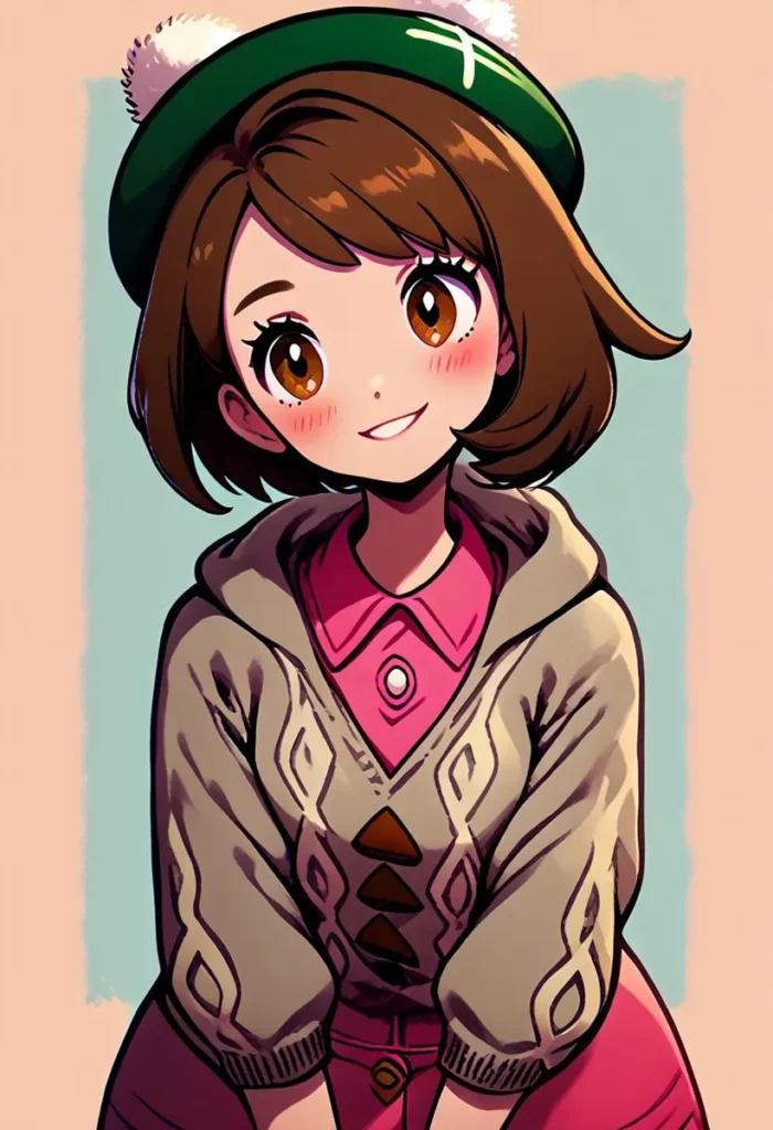 Cute anime girl with brown hair, large eyes, wearing a green winter hat with white pom-poms and a beige sweater over a pink blouse. This is an AI-generated image using Stable Diffusion.