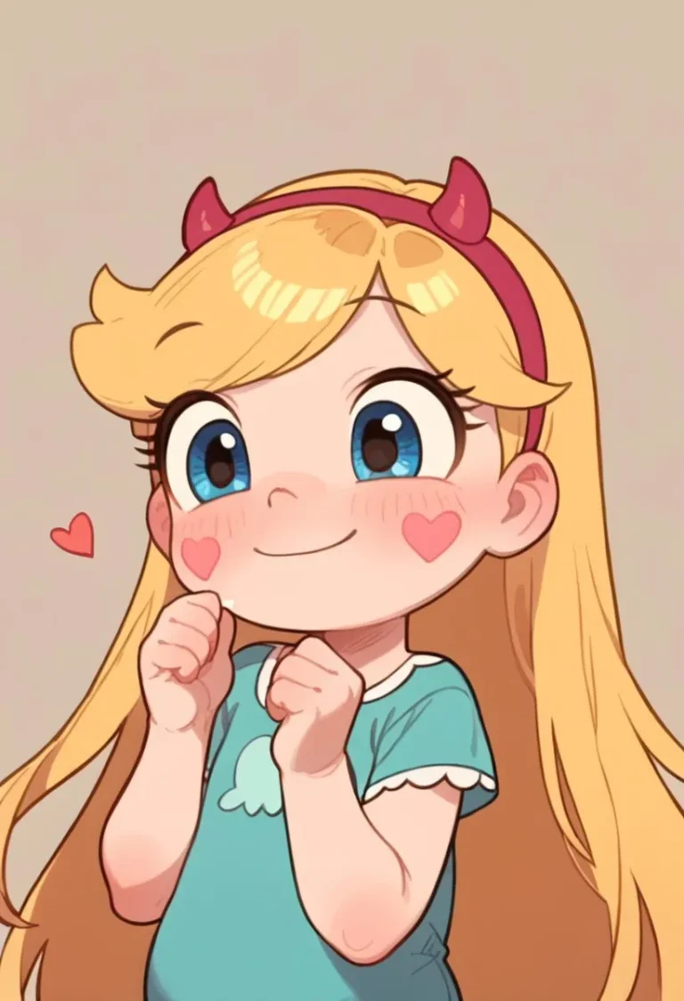 Cute anime girl with blue eyes, long blonde hair, red demon horn headband, blue dress, and heart-shaped blush cheeks. AI generated using Stable Diffusion.