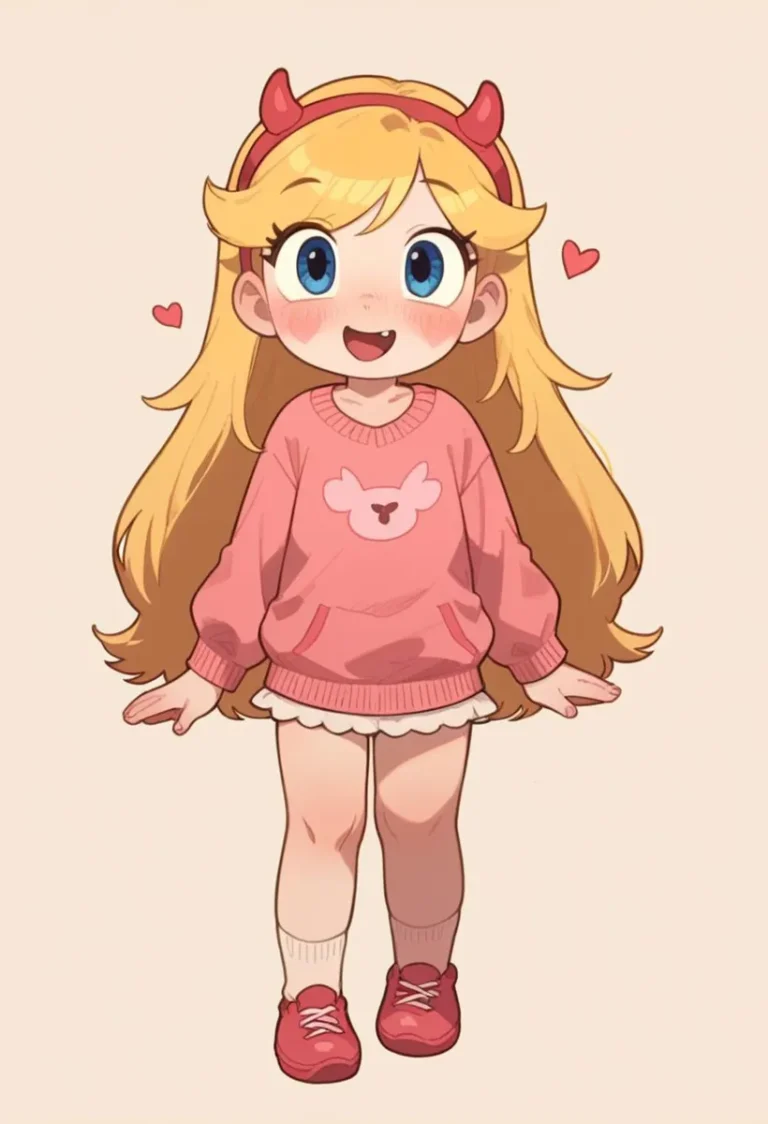 A cute anime girl with long blonde hair, wearing a pink sweater, white skirt, and red shoes, smiling and surrounded by small hearts. AI generated image using Stable Diffusion.