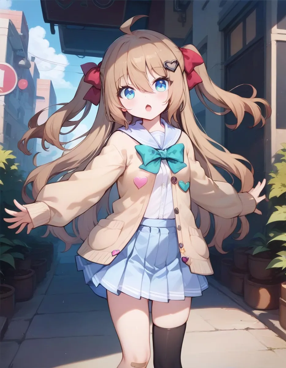 Cute anime girl with long blonde hair, wearing a cream-colored cardigan with heart-shaped clips, a blue skirt, and a large bow, standing in an outdoor urban scene. AI image created with Stable Diffusion.