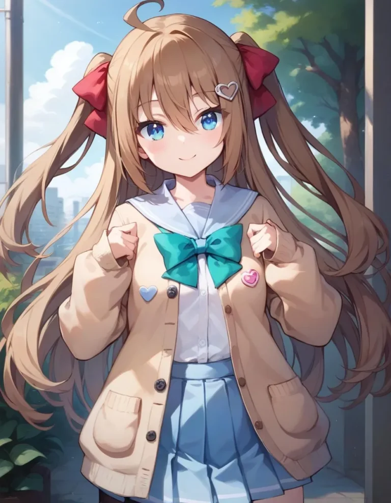 AI generated image of a cute anime girl with long hair, wearing a beige cardigan and blue skirt, created using Stable Diffusion.