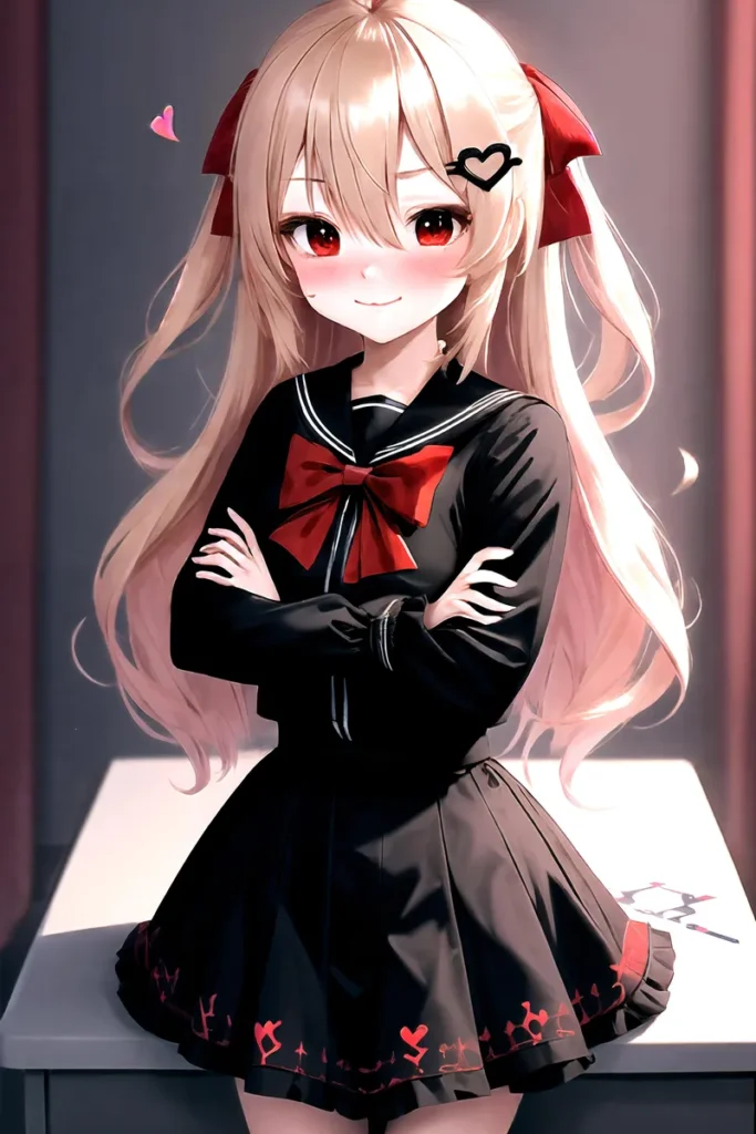 A kawaii anime girl generated by AI using stable diffusion, featuring long blonde hair, red eyes, a black sailor uniform with a red ribbon, and a heart-shaped hair clip.