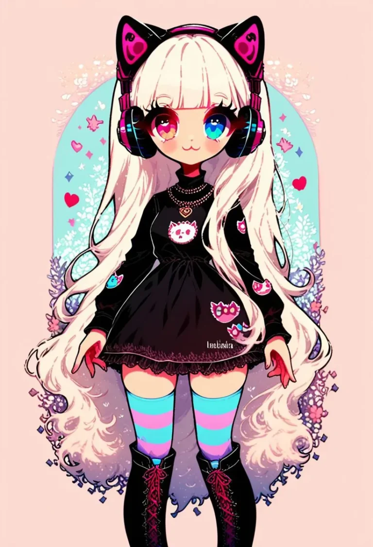 Kawaii anime girl with long white hair, wearing cat ear headphones and a black dress.