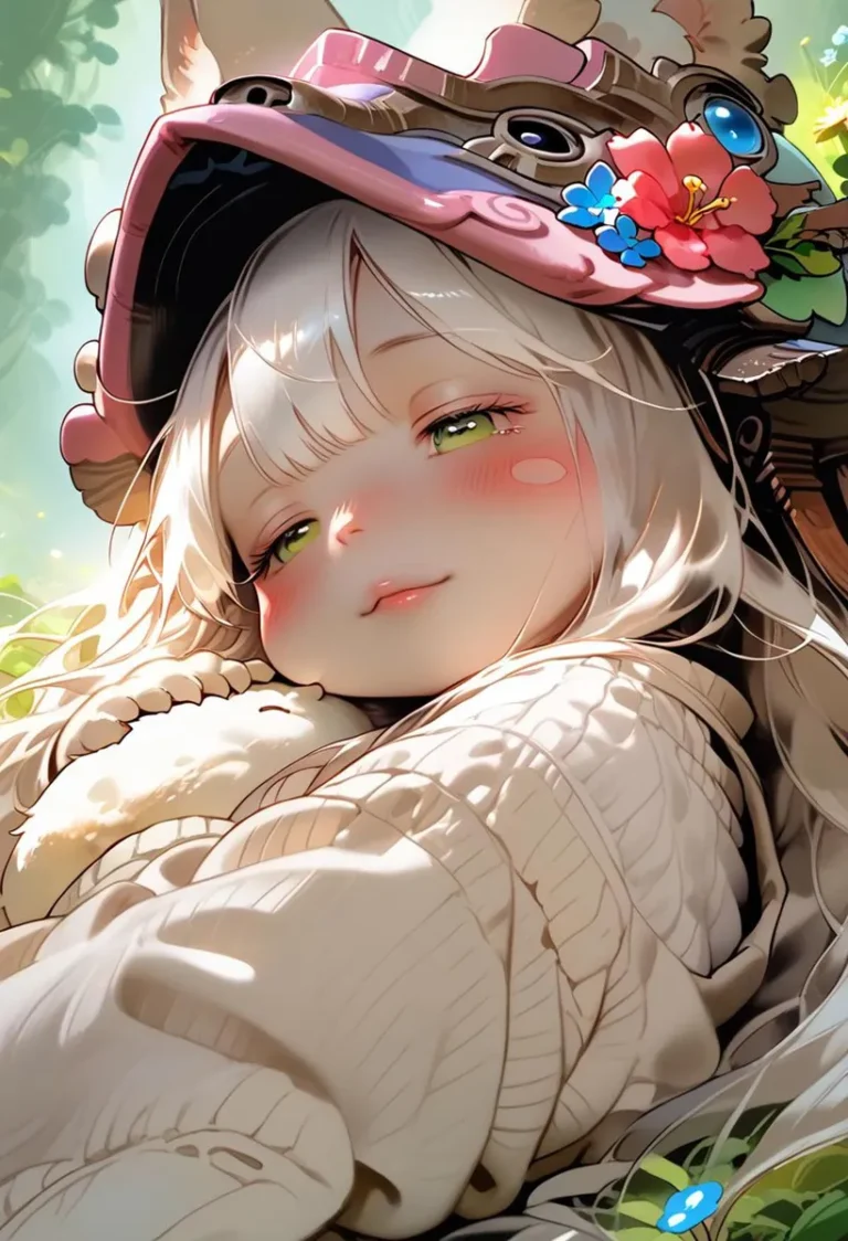 Adorable anime girl with long white hair, green eyes, and rosy cheeks, lying down with a content expression, wearing a floral embellished hat. AI generated image using Stable Diffusion.