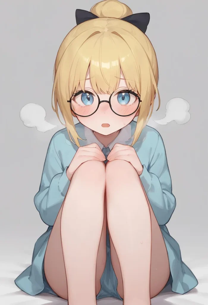 An AI generated image using stable diffusion featuring a cute anime girl with blonde hair, wearing blue glasses, and a light blue outfit, with a black ribbon in her hair.
