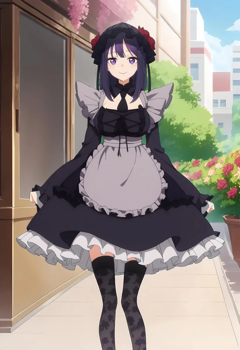 A cute anime girl in a gothic maid outfit with a black dress, gray apron, and headpiece with red roses standing on a sunny street. AI-generated using Stable Diffusion.