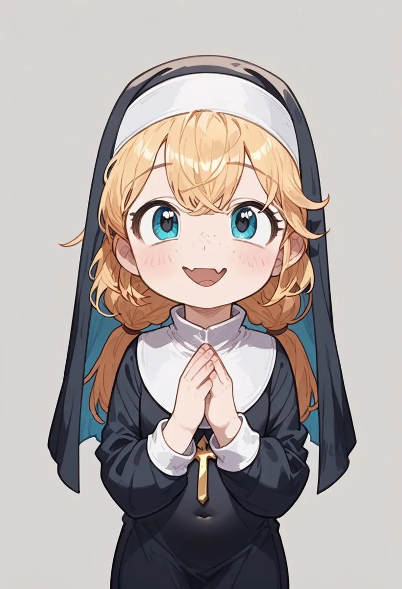 A cute anime nun with braided blonde hair, big blue eyes, and a joyful expression. She is dressed in a traditional nun's habit with a black veil and white headband, holding her hands in a prayerful pose. This image is AI generated using Stable Diffusion.