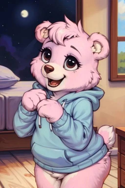 Cute cartoon bear character in a blue hoodie standing in a cozy bedroom with a moonlit window, ai generated using stable diffusion.