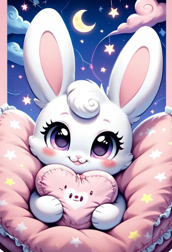 An adorable AI-generated image of a cute bunny with large eyes hugging a heart-shaped plushie against a starry night sky created using Stable Diffusion.