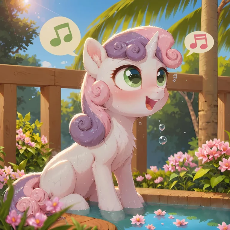 Kawaii AI generated image of a cute cartoon unicorn with big green eyes and pastel-colored mane sitting by a pond with bubbles and flowers around.