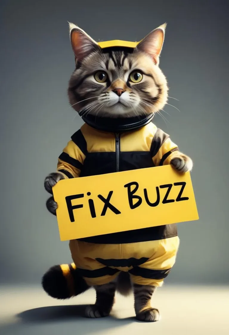 An adorable cat dressed in a bee costume holding a sign that says 'Fix Buzz'. AI generated image using Stable Diffusion.