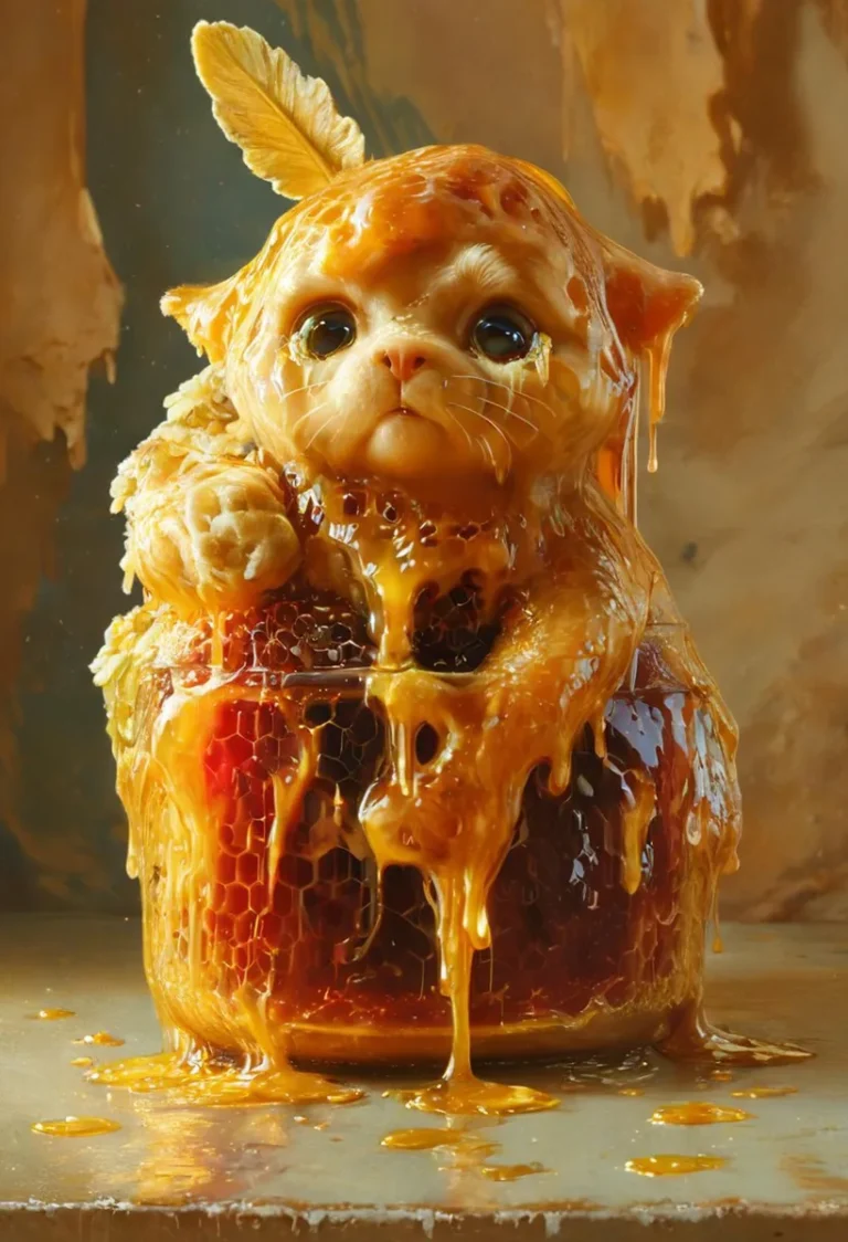 A cute cat with wide, glistening eyes sitting inside a honey jar, covered in dripping honey. AI generated image using Stable Diffusion.
