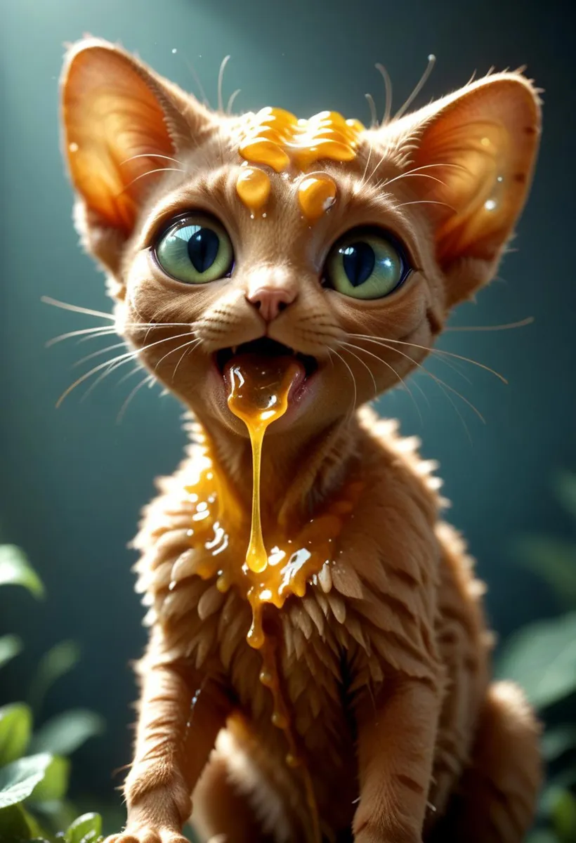 A cute cat with large green eyes and pointy ears, covered in dripping honey. This is an AI generated image using stable diffusion.