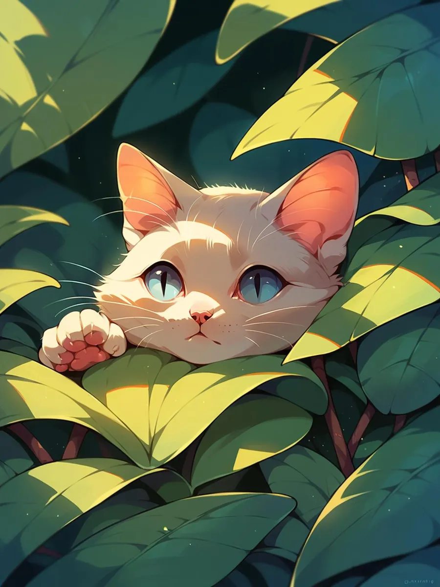 A cute cat with blue eyes peeking through green leaves, created using stable diffusion AI.
