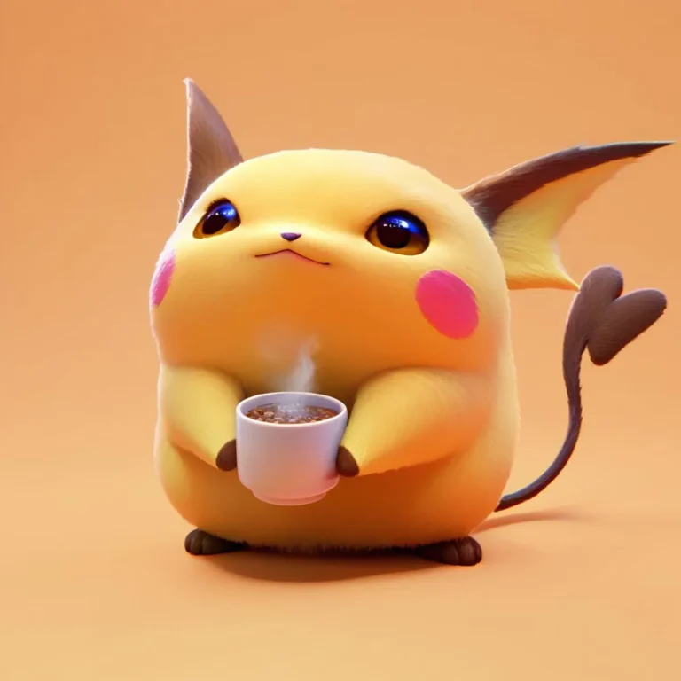 A cute, chubby yellow rodent-like animated character is holding a steaming cup. Emphasize that this is an AI generated image using Stable Diffusion.