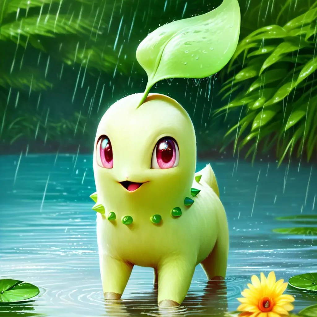 A cute creature with a leaf on its head stands in a rainy forest with a small yellow flower beside it, generated with AI using stable diffusion.