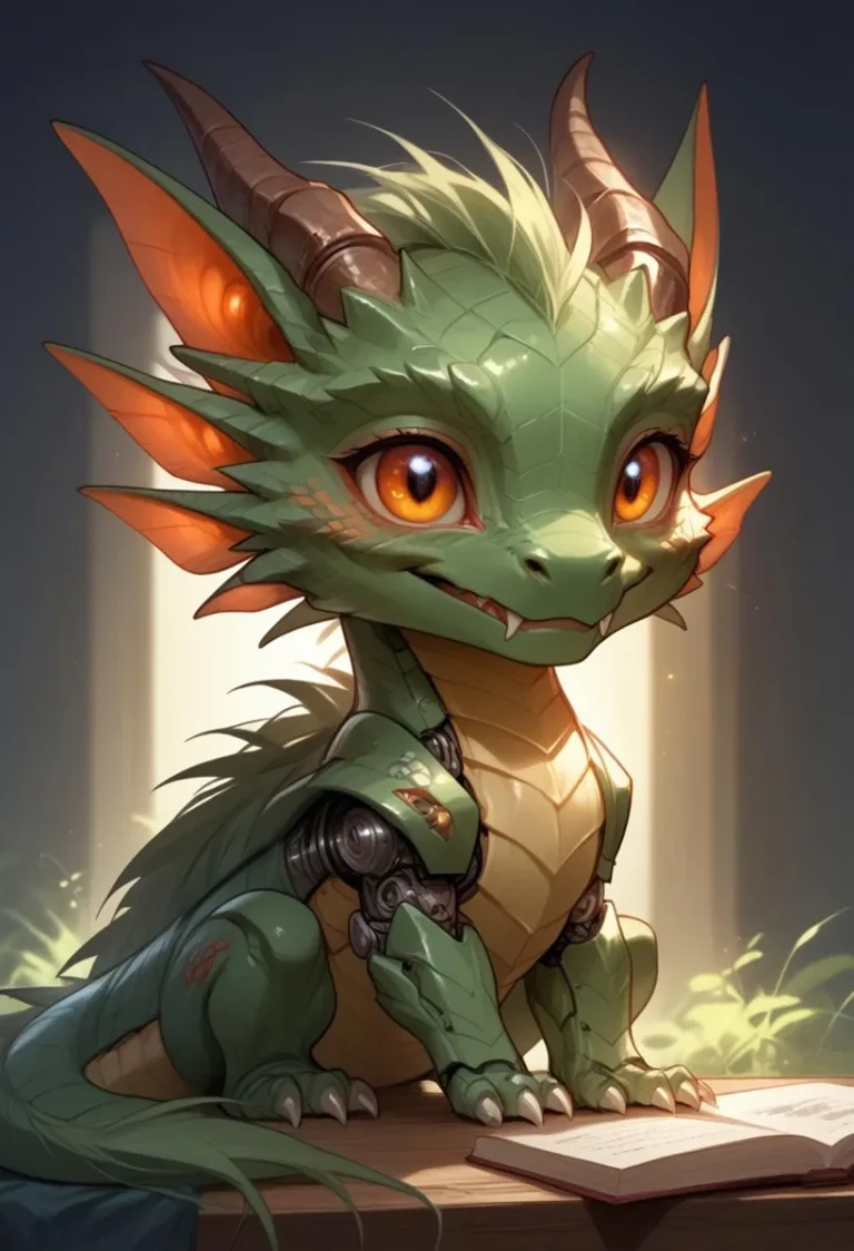 A detailed and colorful AI-generated image using Stable Diffusion of a cute dragon with a mix of organic and mechanical features. The dragon has large expressive orange eyes, green scales, mechanical limbs, and a friendly expression, sitting beside an open book.