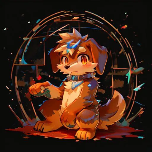 AI generated image of a cute anime-style puppy with a spiked collar sitting in front of an abstract background. Created using Stable Diffusion.