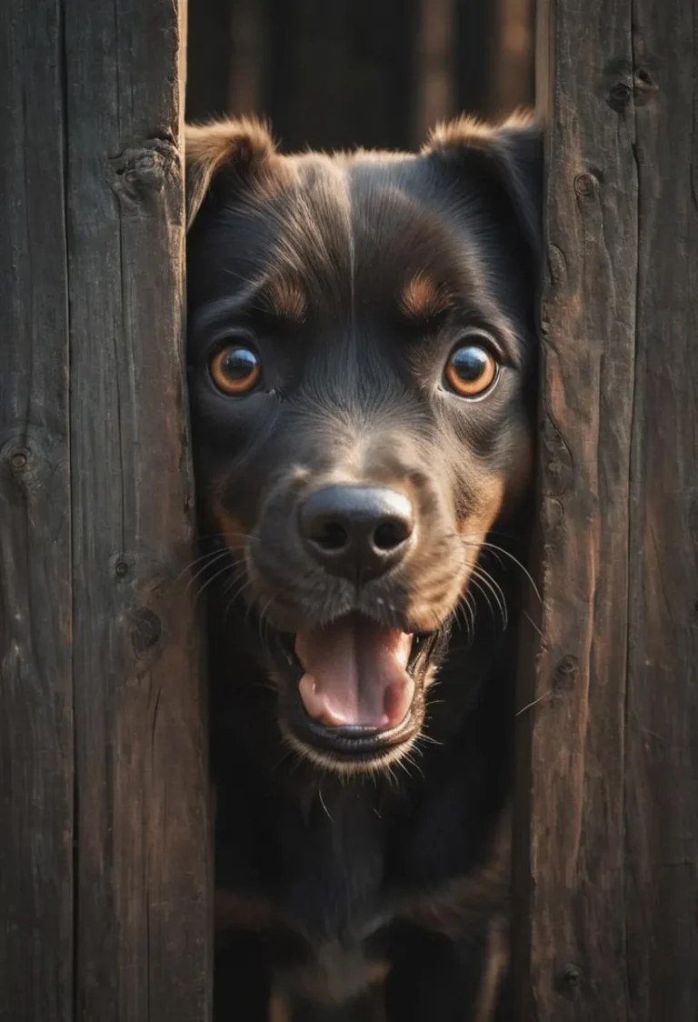 AI generated image using stable diffusion of a cute black and brown dog peeking through a wooden fence with a surprised expression.
