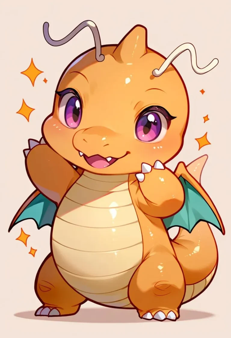 AI generated image of a small, adorable dragon in chibi style with large, sparkling violet eyes and small wings by Stable Diffusion.