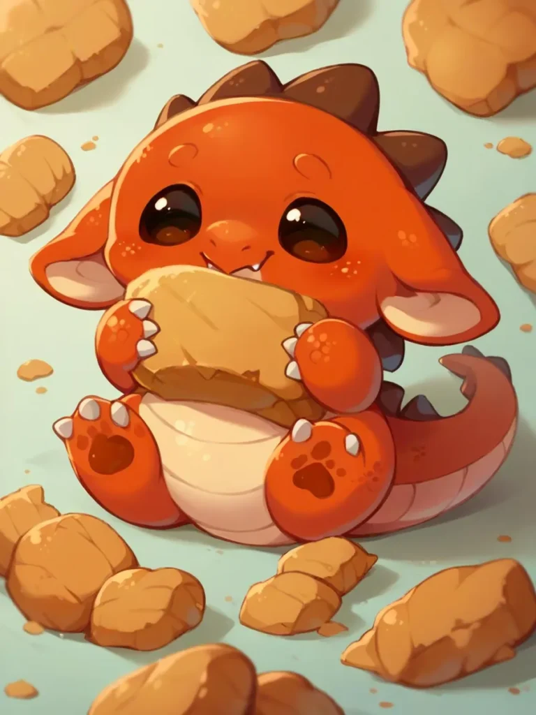 Cute chibi-style dragon munching on bread with more pieces of bread scattered around, created using Stable Diffusion.