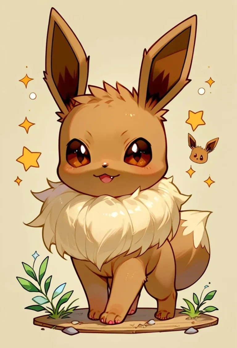 Adorable Eevee drawn in a chibi art style with anime-like features, standing on a base with star decorations. This is an AI generated image using Stable Diffusion.