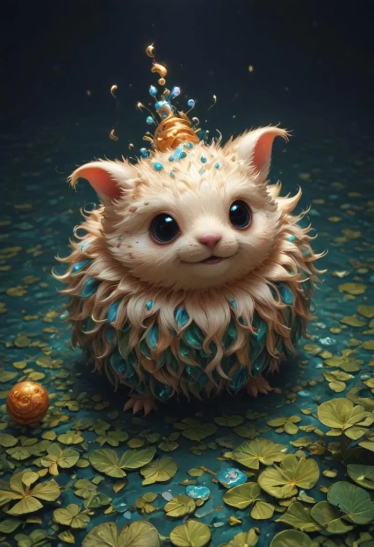 An AI-generated image of a cute, fantasy creature with large eyes, adorned with sparkling blue gems on its fur, sitting on a floor covered in green leaves, created using Stable Diffusion.