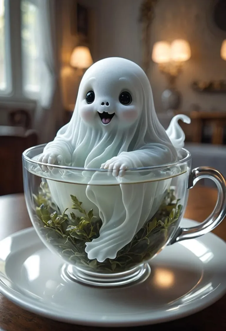 A cute, smiling ghost with black eyes, nestled in a transparent teacup with greenery at the bottom, created using AI and Stable Diffusion