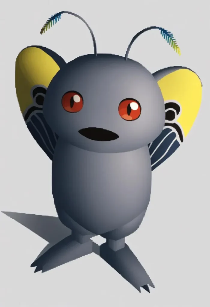 A cute, gray insect character with red eyes, yellow and black patterned wings, and antennae with color tips. This is an ai generated image using stable diffusion.