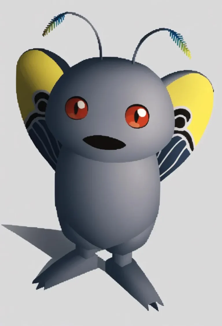 A cute, gray insect character with red eyes, yellow and black patterned wings, and antennae with color tips. This is an AI generated image using Stable Diffusion.