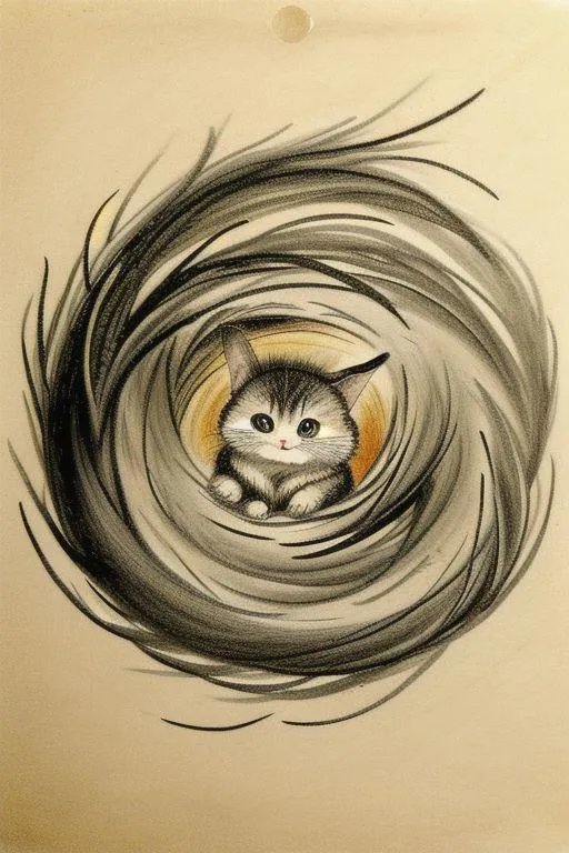 A detailed pencil drawing of a cute kitten surrounded by swirls, emphasizing that this is an AI generated image using Stable Diffusion.