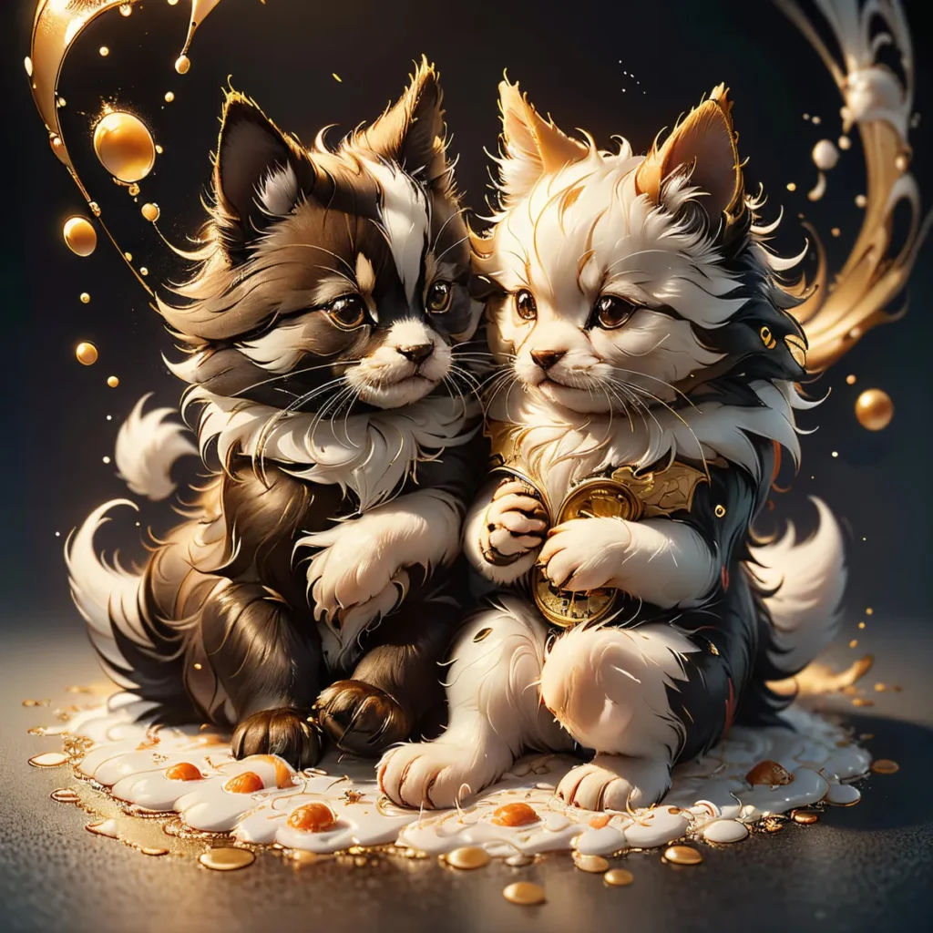Adorable AI generated image of two fluffy kittens with fantasy elements using stable diffusion.