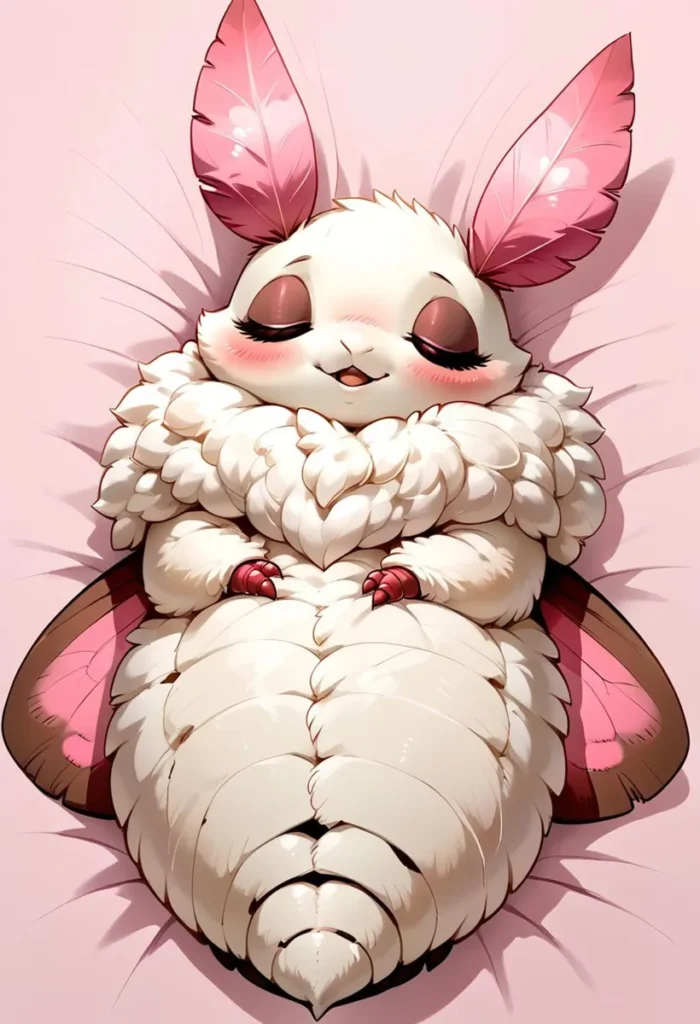 Cute moth creature with large pink ears and fluffy white body, peacefully sleeping and created using Stable Diffusion.