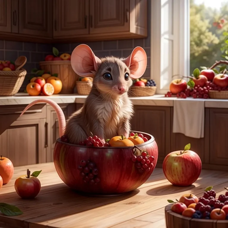 Adorable AI generated image using Stable Diffusion of a cute mouse sitting in a fruit bowl in a cozy kitchen.