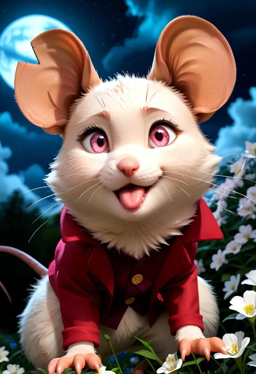 A cute AI generated mouse character with pink eyes and big ears, wearing a red coat in a moonlit garden created using stable diffusion.