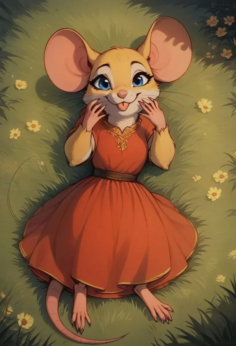 AI generated image using stable diffusion showing a cute anthropomorphic mouse with big ears and blue eyes lying on grass wearing a red dress.