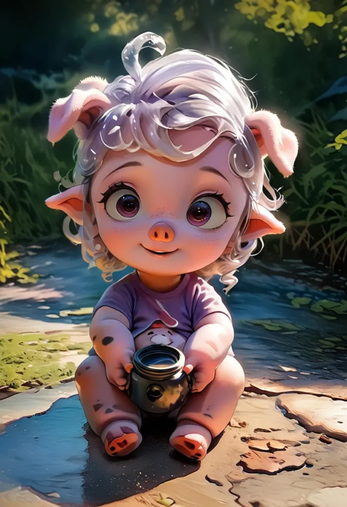 AI-generated image of a cute piglet child with big eyes and white curly hair, wearing a purple shirt and sitting outdoors in a forest-like setting.