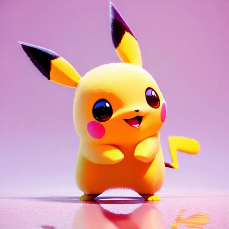 A cute Pikachu character with large eyes and a happy expression, illustrated in a cartoon style on a pink background. AI generated image using Stable Diffusion.