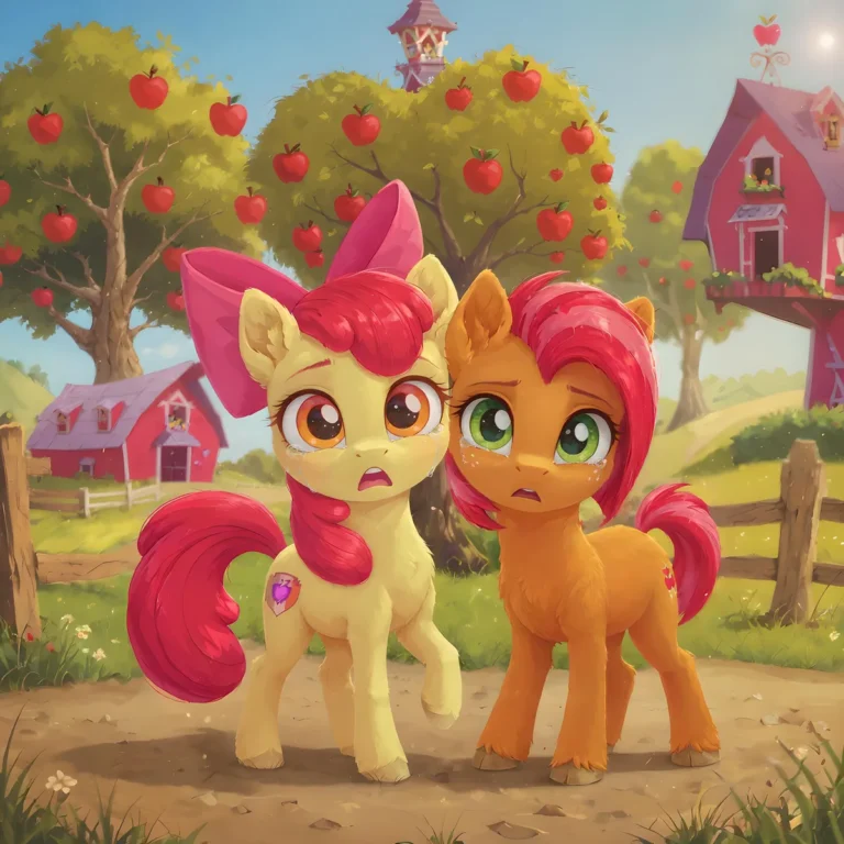 Two cute animated ponies with red manes look surprised standing in an apple orchard. AI generated image using stable diffusion.