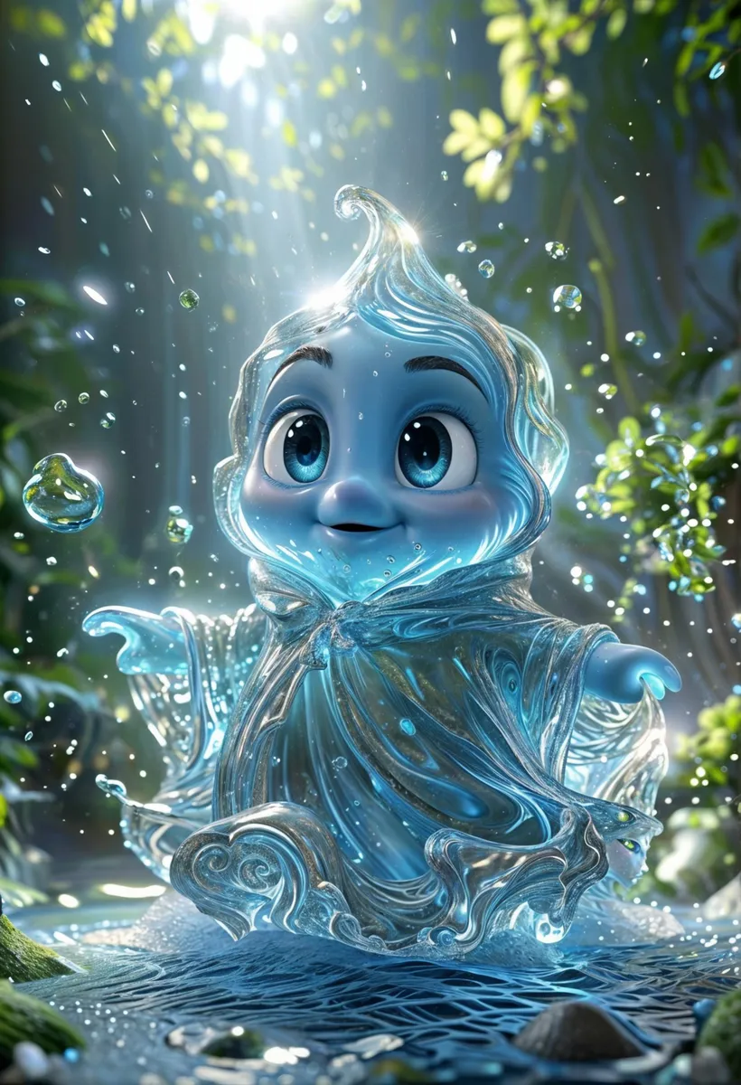 A cute, glowing water spirit with big eyes and a flowing, translucent cloak made of water, in an enchanted forest; created using Stable Diffusion.