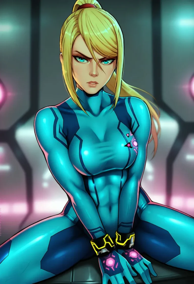 A strong and determined woman in a blue futuristic armor bodysuit generated by AI using Stable Diffusion.