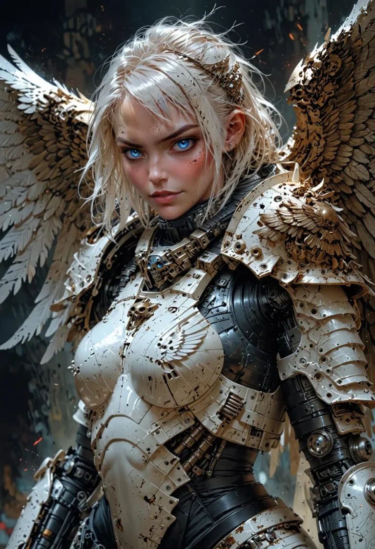 A cyber angel with mechanical wings and armor, created using Stable Diffusion AI.