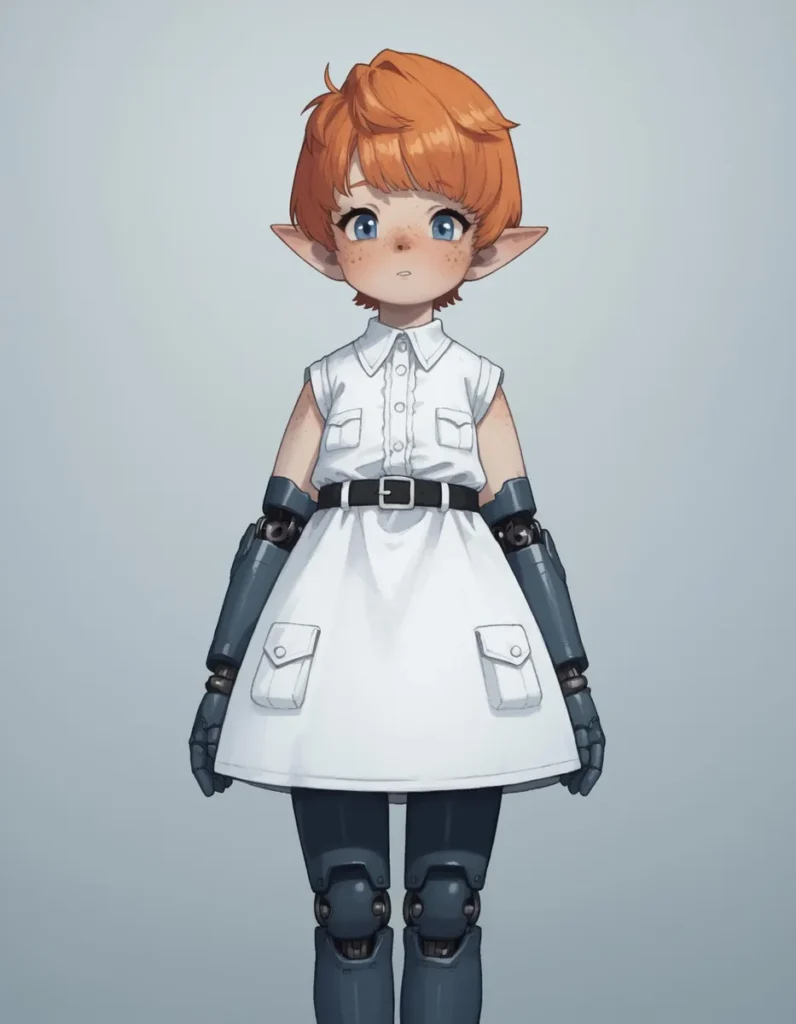 Character design of a cyber elf girl with red hair, large pointed ears, blue eyes, and robotic limbs, wearing a white dress. AI Generated Image using Stable Diffusion.