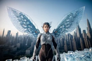 Cyber fairy warrior with intricate metallic wings and armor standing in front of a futuristic sci-fi cityscape. This is an AI generated image using stable diffusion.