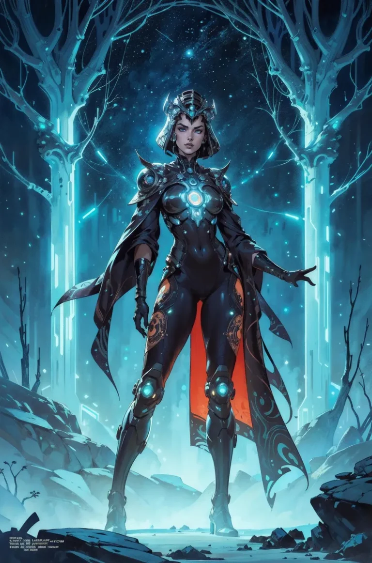 A stunning AI generated image created using Stable Diffusion, featuring a powerful cyber warrior in futuristic digital armor standing in an illuminated digital forest.