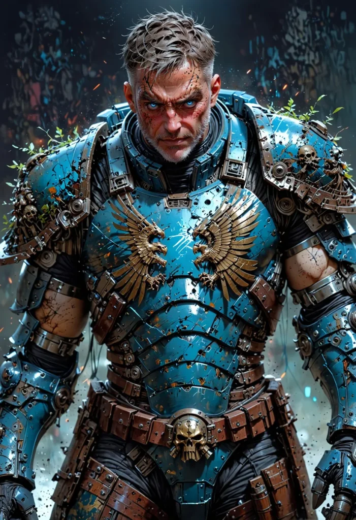 Detailed depiction of a cyber warrior in futuristic blue armor with golden eagle accents, created using stable diffusion AI.